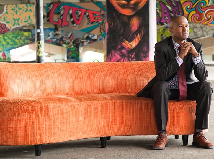 orange couch with business man outside corporate photography toronto 6164