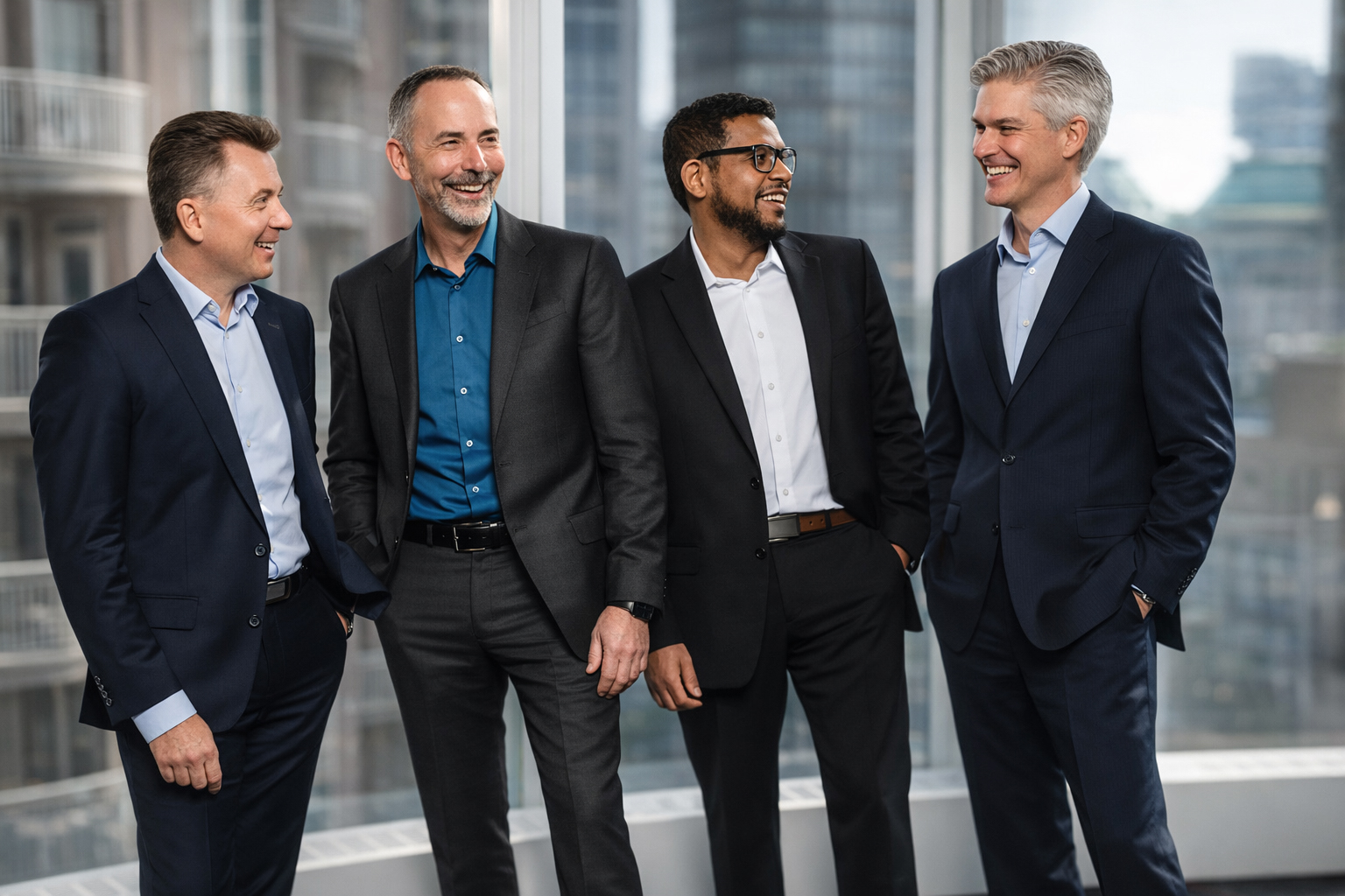 Professional corporate photography of four men in business suits smiling in front of a high-rise office building window, modern office business portrait
